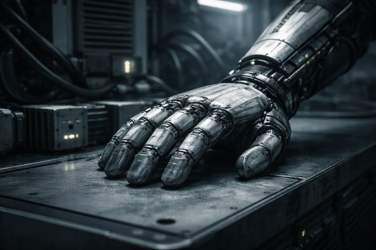 Mano robótica apoyada sobre una superficie industrial con iluminación fría y ambiente de desgaste