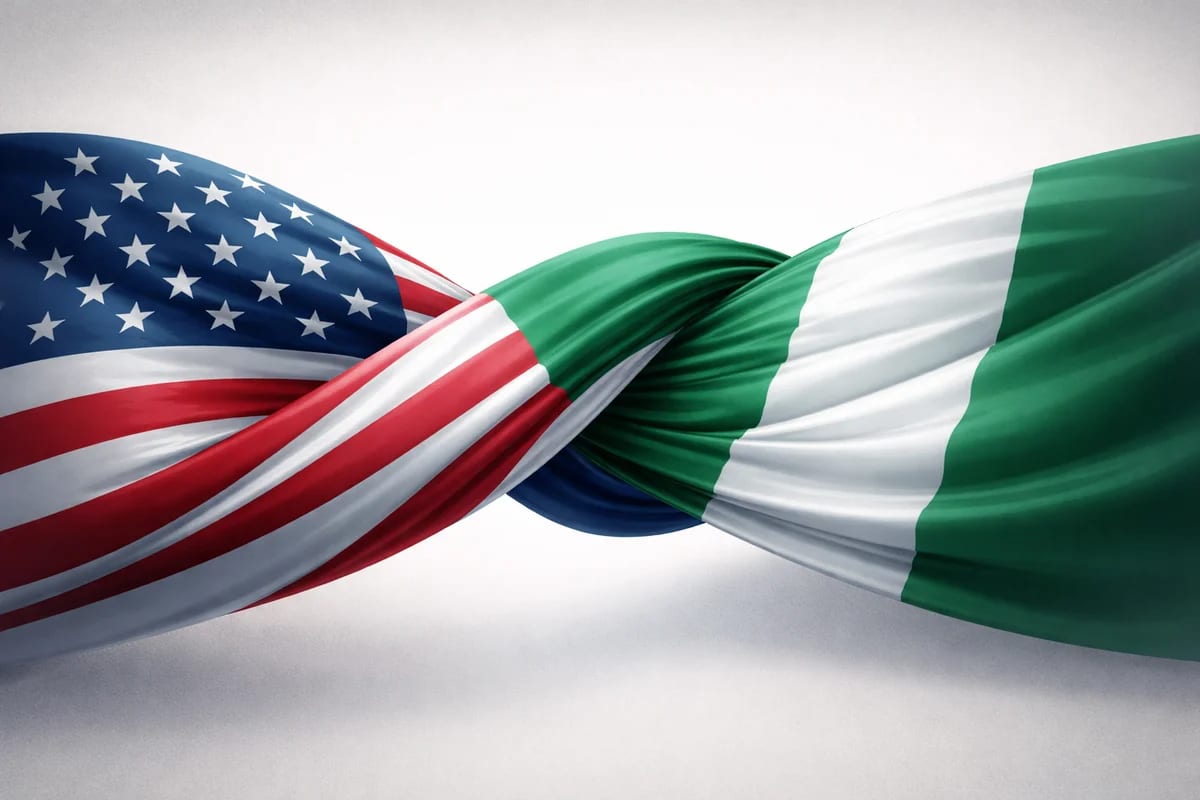 Ilustración abstracta de telas entrelazadas que sugieren cooperación entre Estados Unidos y Nigeria