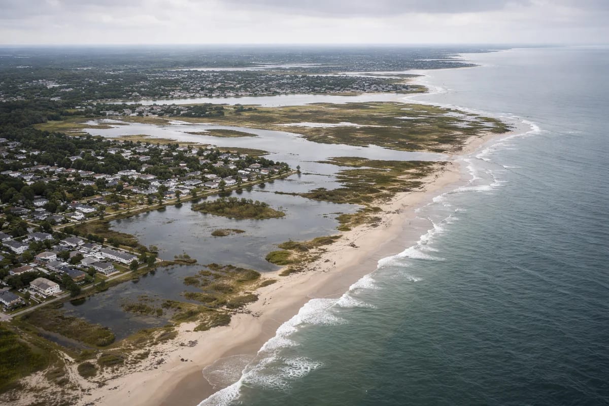 Vista aérea de una costa con zonas parcialmente inundadas y humedales, mostrando un avance gradual del agua
