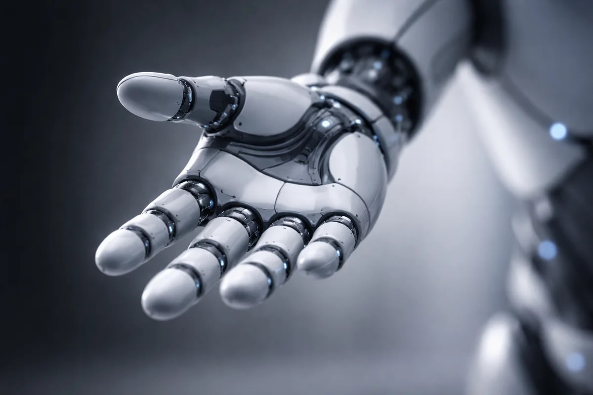 Mano robótica extendida con diseño moderno sobre fondo oscuro y desenfocado