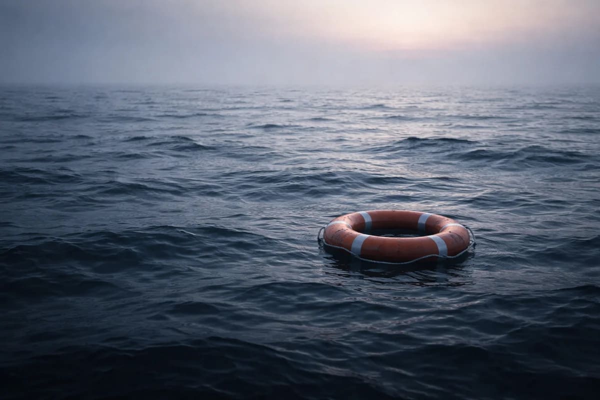 Salvavidas solitario flotando en el mar oscuro al amanecer, envuelto en niebla suave