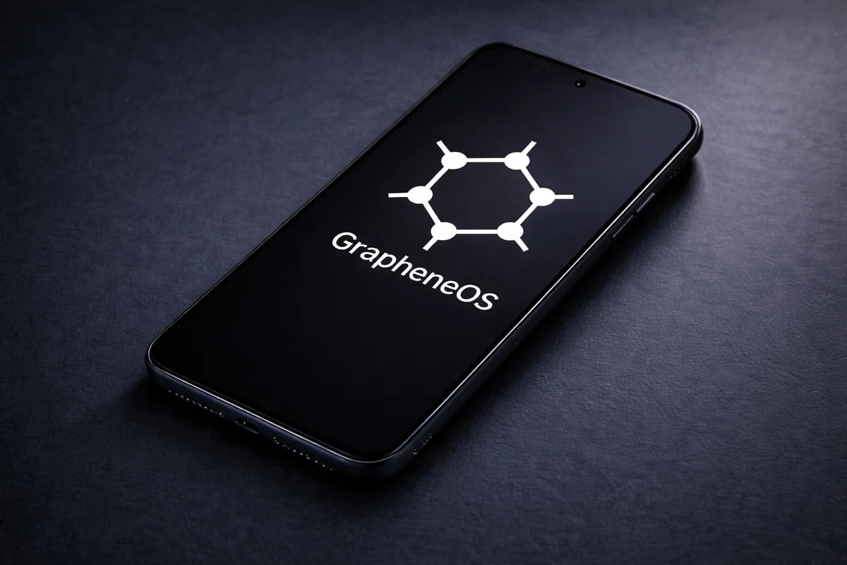 Logo de GrapheneOS en la pantalla de un smartphone