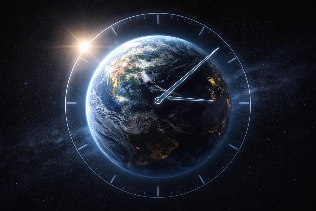 La Tierra vista desde el espacio con un reloj transparente superpuesto