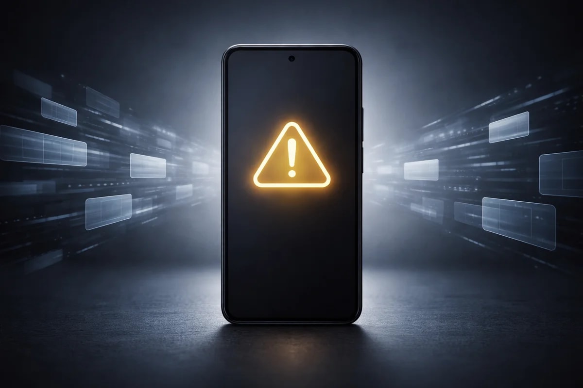 Teléfono móvil con icono de advertencia luminoso sobre fondo oscuro y abstracto