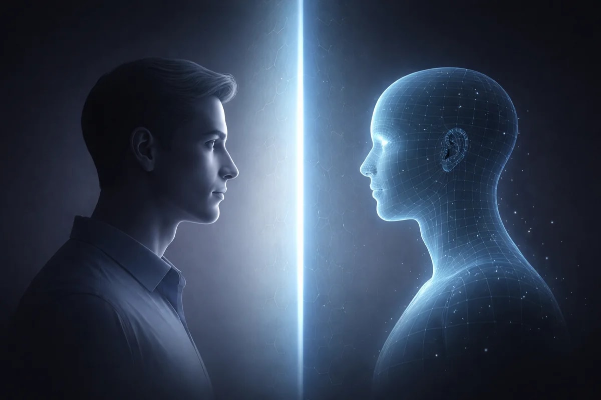 Rostro humano frente a avatar digital separados por una barrera luminosa y translúcida