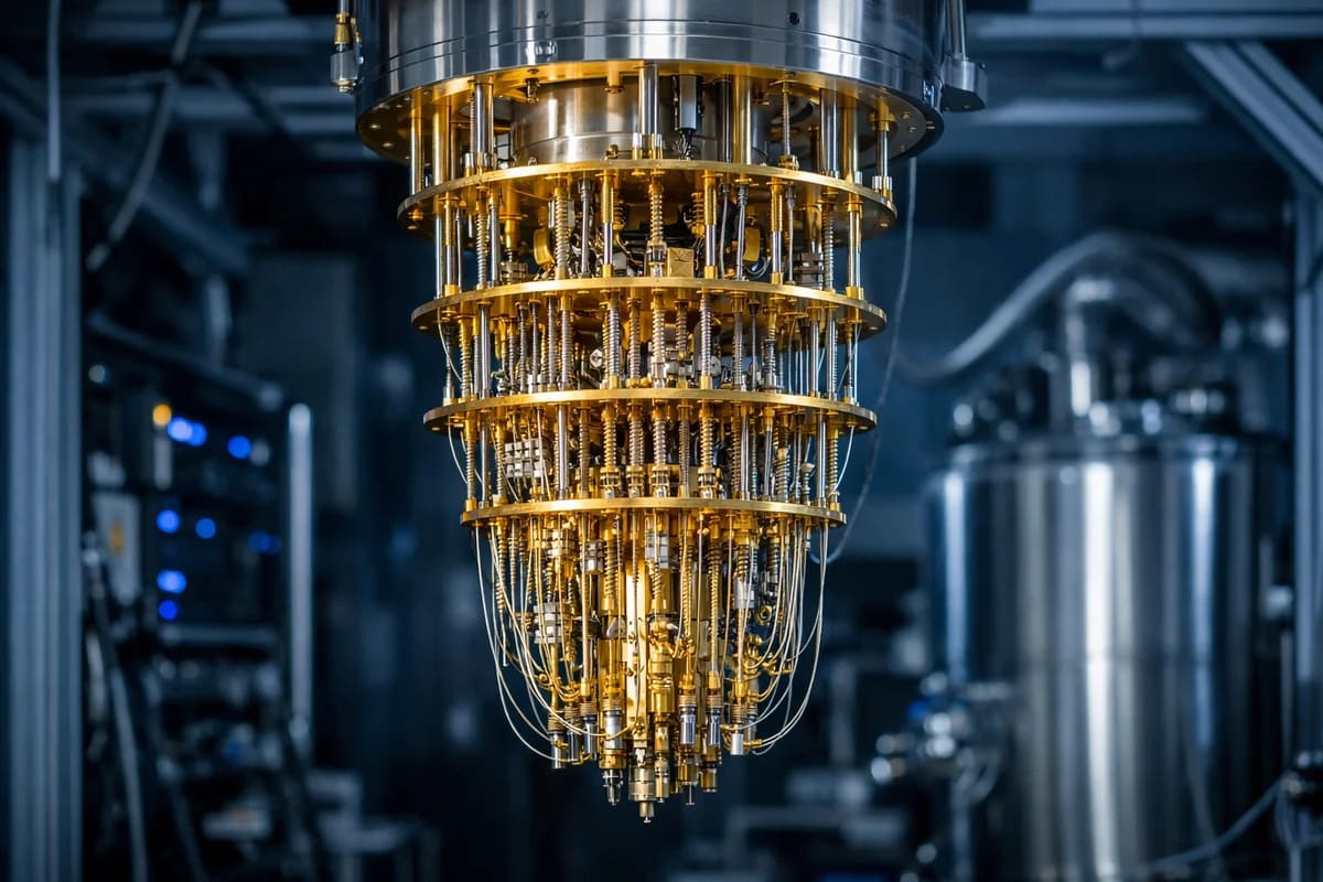 Ordenador cuántico criogénico con estructura dorada suspendida en un laboratorio