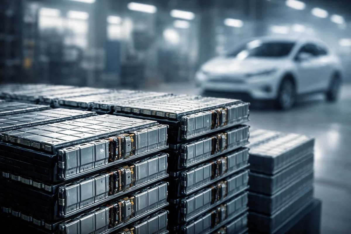 Baterías de litio apiladas en una fábrica, con un coche eléctrico al fondo