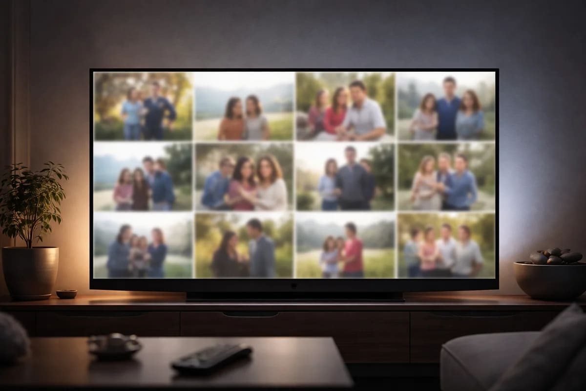 Televisor mostrando una cuadrícula de fotos familiares