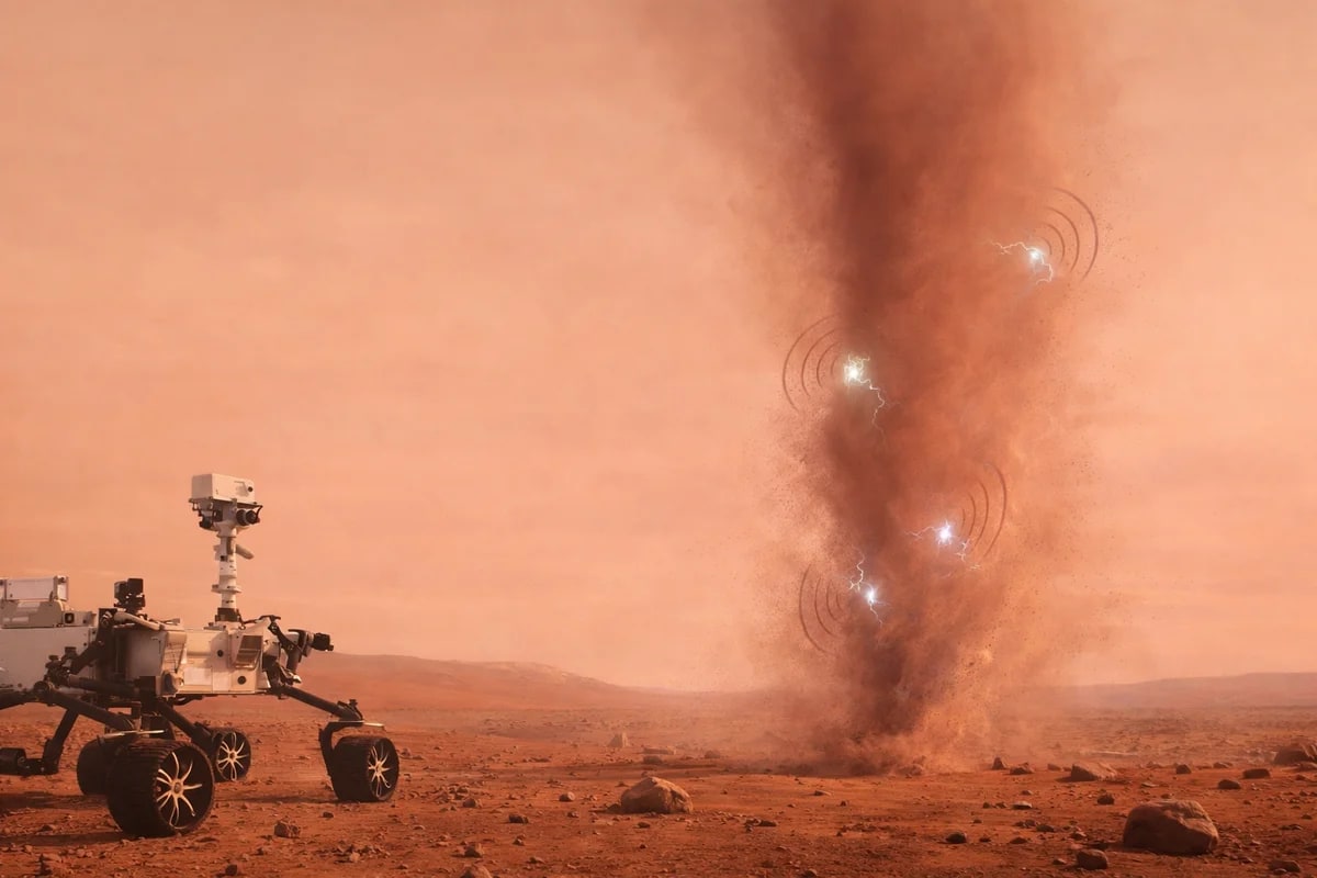 Remolino de polvo marciano observado por un rover, con posibles descargas eléctricas en la atmósfera