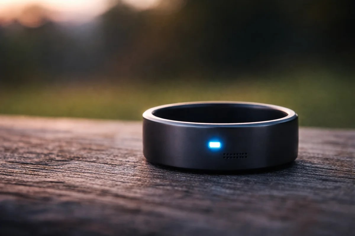 Anillo inteligente negro sobre superficie de madera