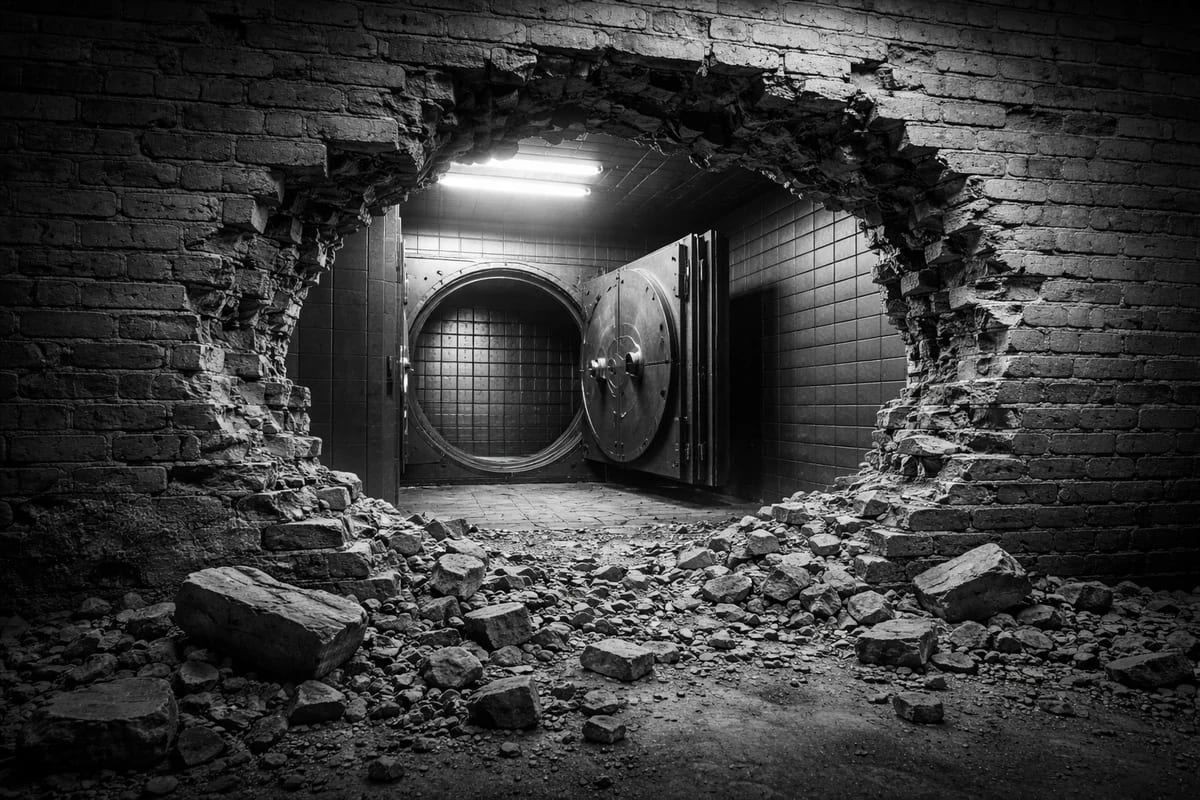 Muro de ladrillo roto en blanco y negro que deja ver una cámara acorazada abierta detrás