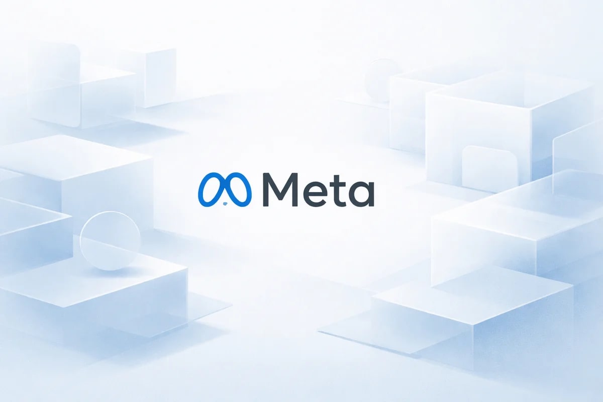 Logotipo de Meta rodeado de formas geométricas suaves en un fondo claro y minimalista