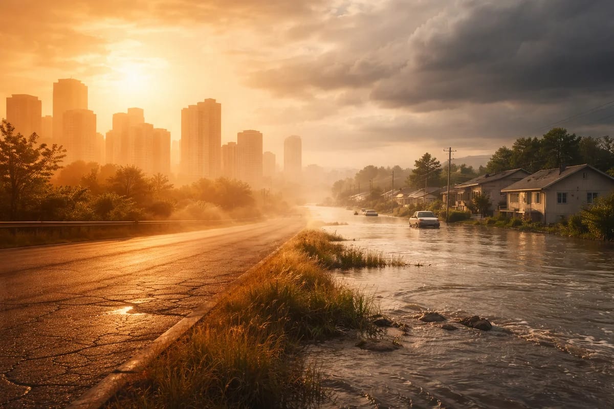 Paisaje urbano afectado por calor extremo e inundaciones, reflejando impactos del cambio climático