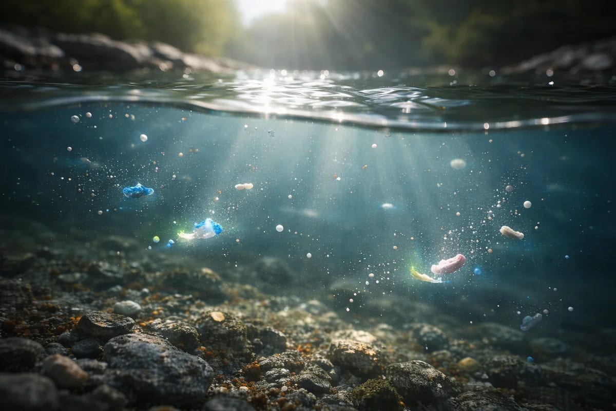 Microplásticos suspendidos en el agua iluminados por rayos solares