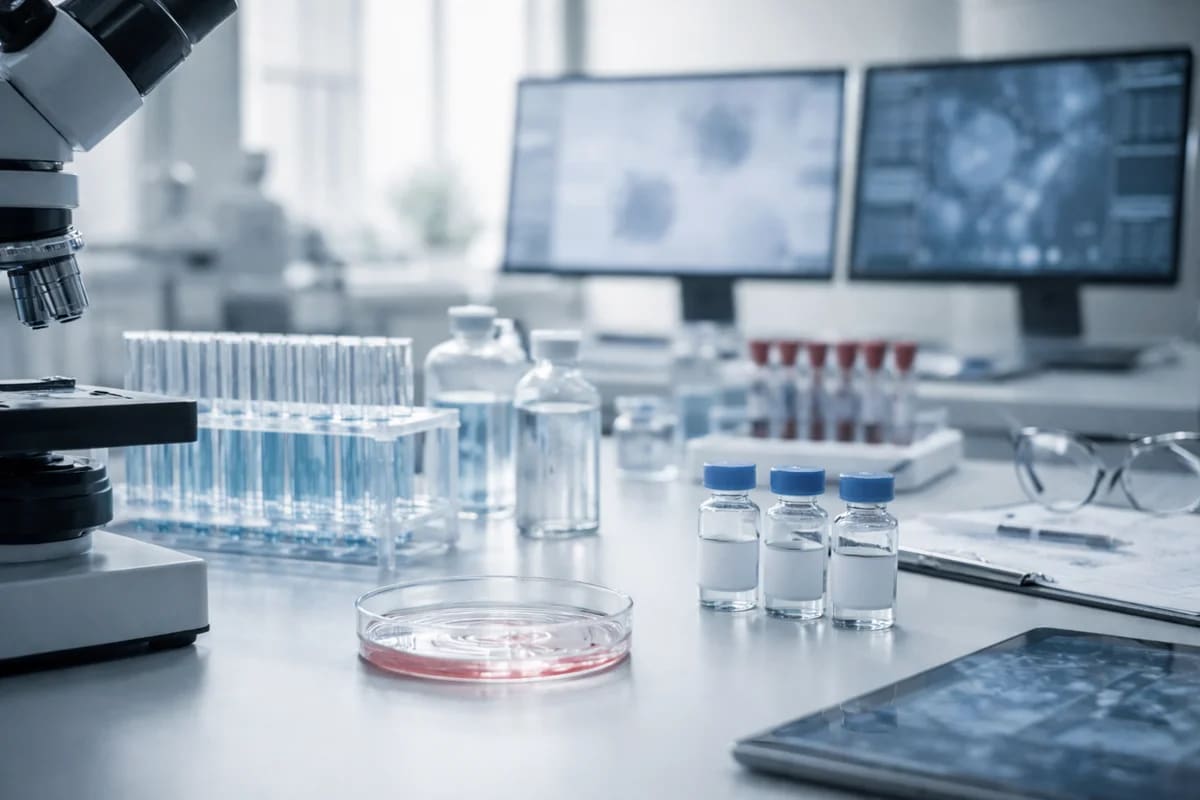 Laboratorio moderno con frascos, placas de cultivo y equipos científicos