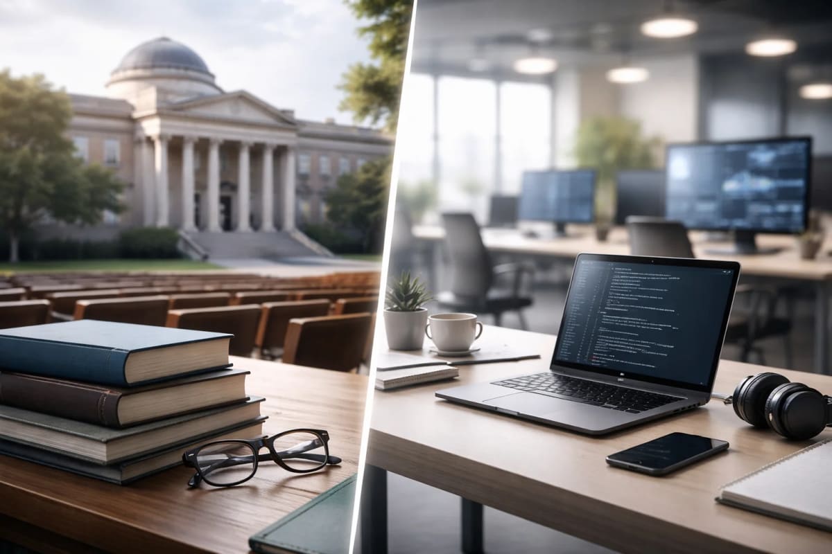 Espacio dividido entre entorno académico tradicional y ambiente moderno de trabajo tecnológico