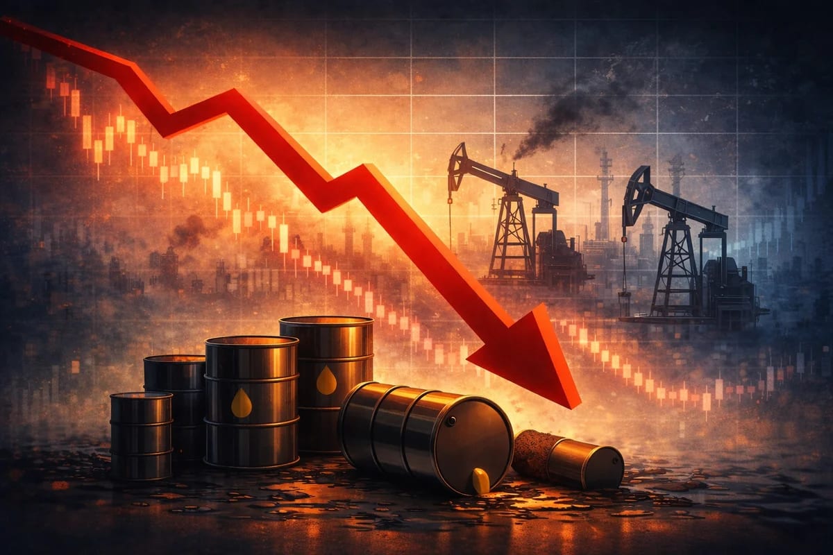 Ilustración de barriles de petróleo y bombas extractoras con una tendencia a la baja