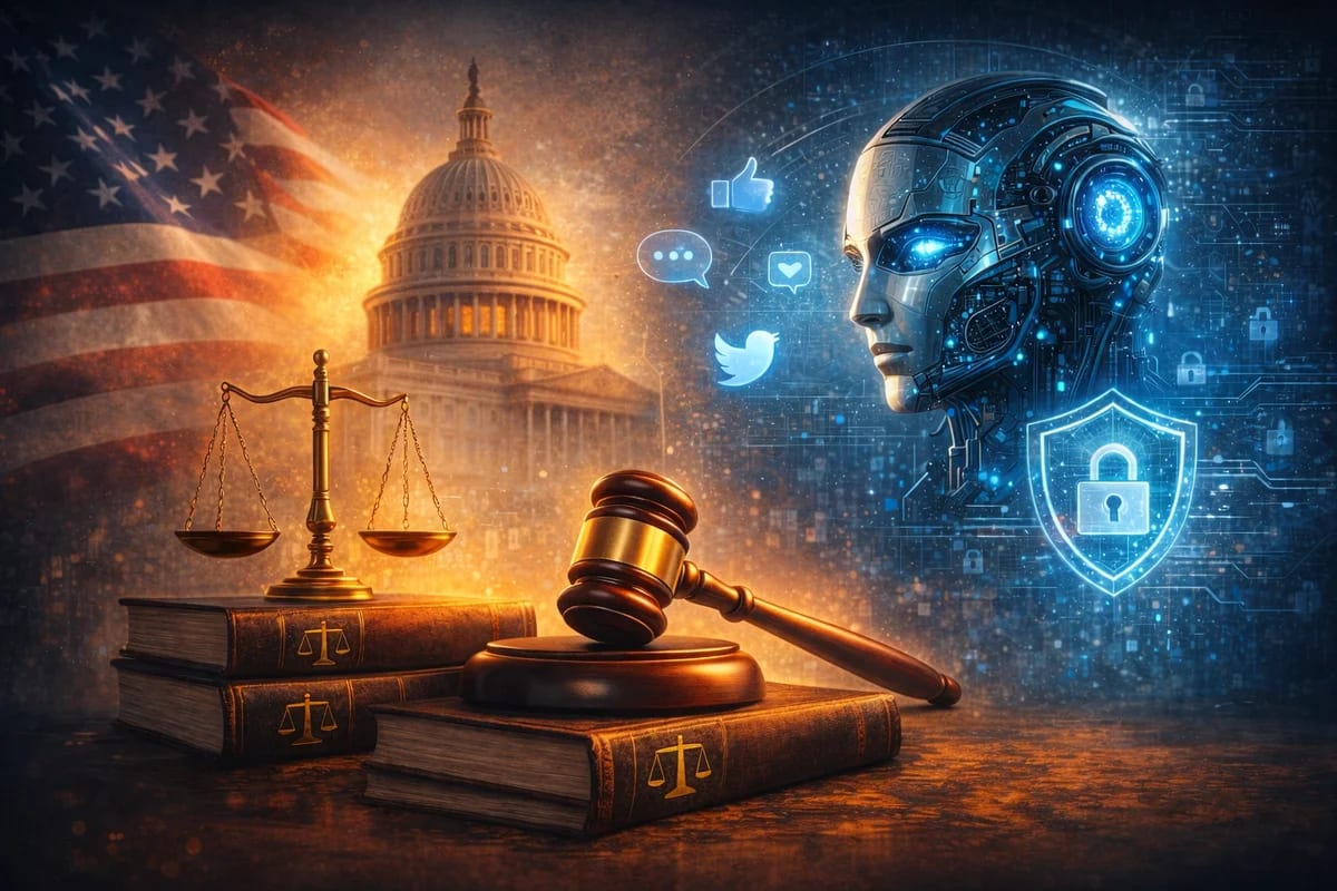 Ilustración sobre leyes tecnológicas con símbolos legales, IA y privacidad digital