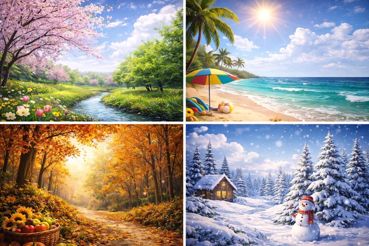 Paisaje dividido en cuatro estaciones con cambios claros de clima y luz