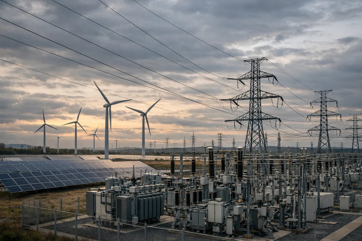 Subestación eléctrica conectada a energía solar y eólica
