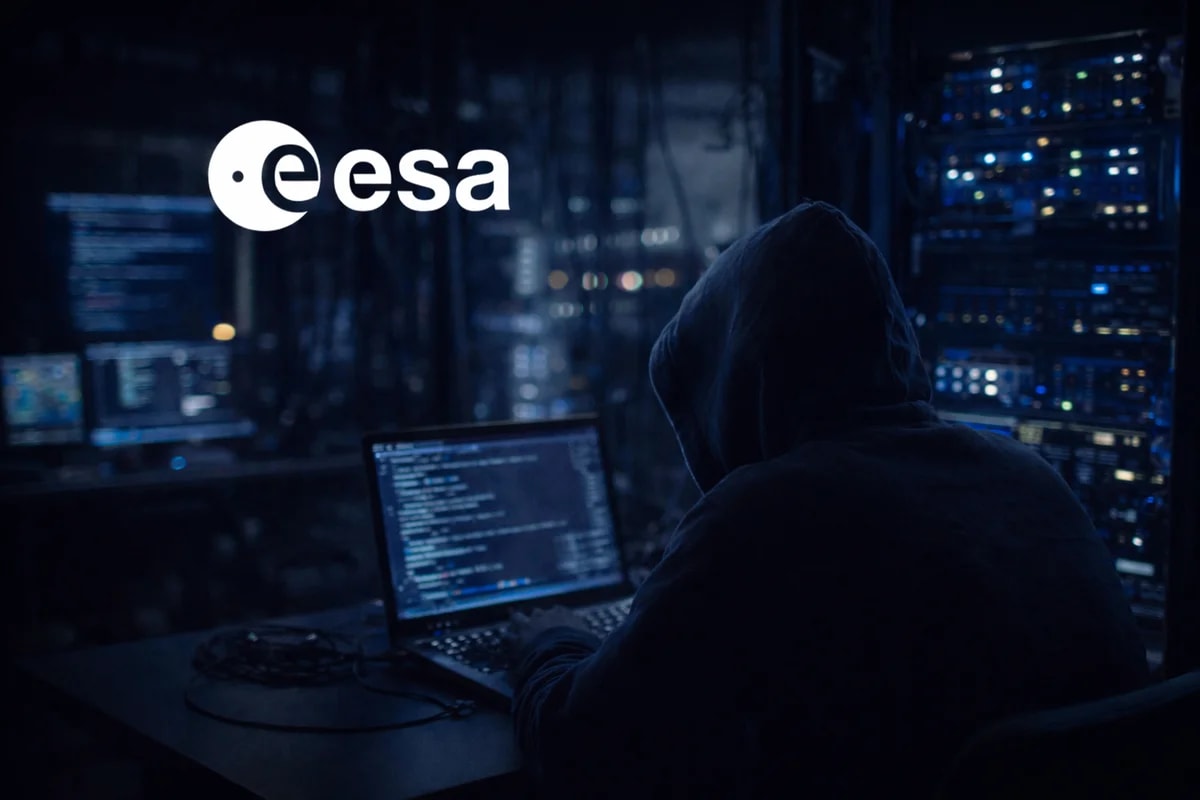 Sala de servidores con figura frente a un ordenador y el texto ESA