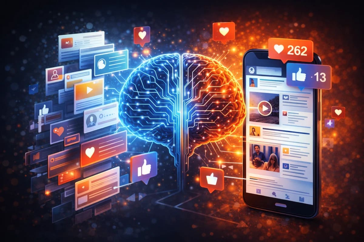 Ilustración del algoritmo organizando el contenido de un feed en redes sociales