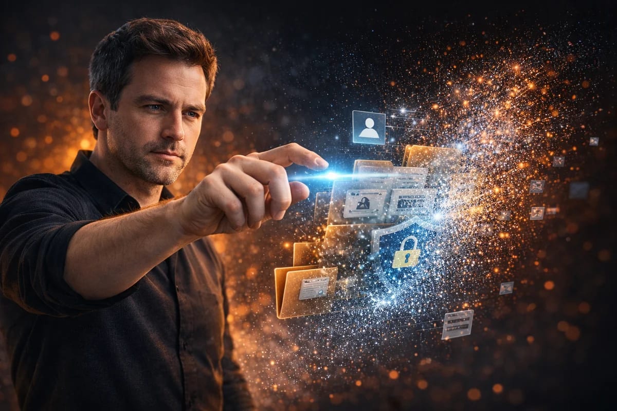 Persona eliminando datos digitales que se desintegran