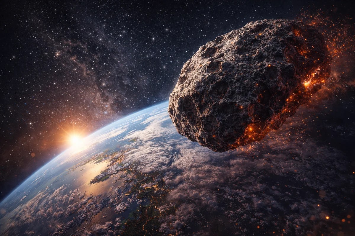 Asteroide pasando muy cerca de la Tierra en el espacio