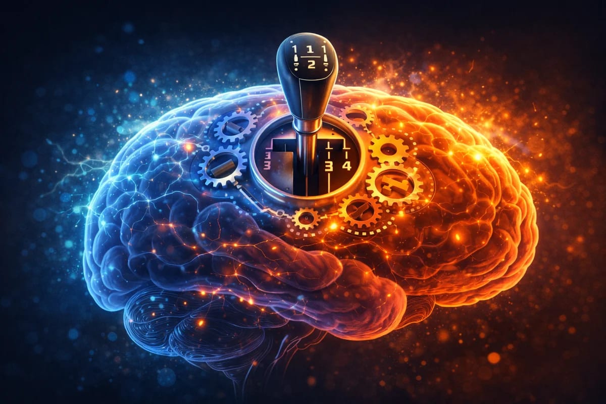 Cerebro humano cambiando de estado con engranajes y ritmos internos