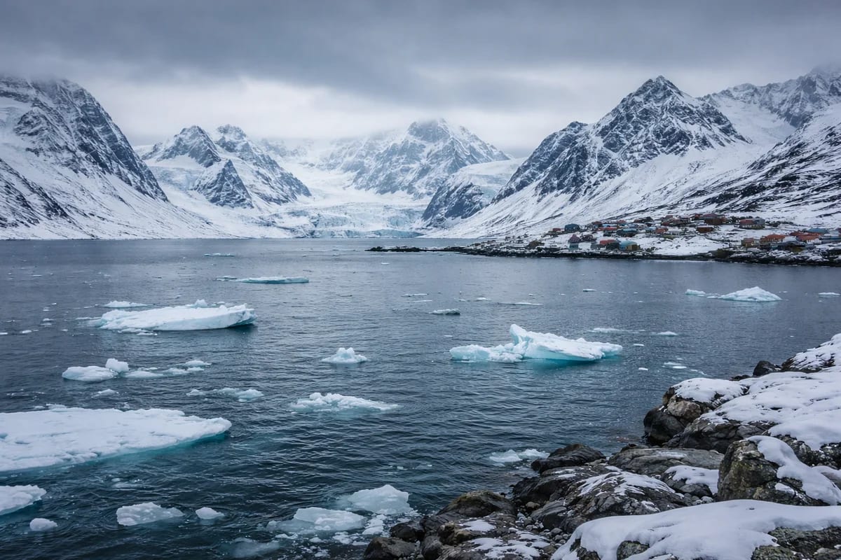 Fiordo ártico en Groenlandia con hielo marino
