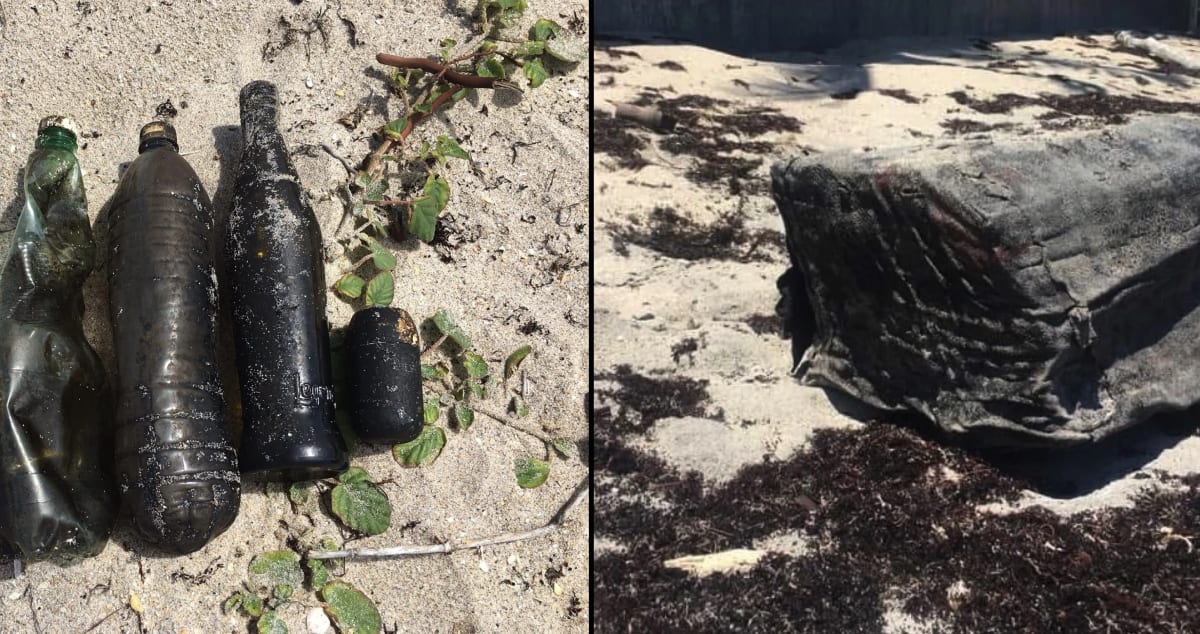 Residuos plásticos y fragmentos de caucho flotando en una playa, recogidos durante un muestreo ambiental