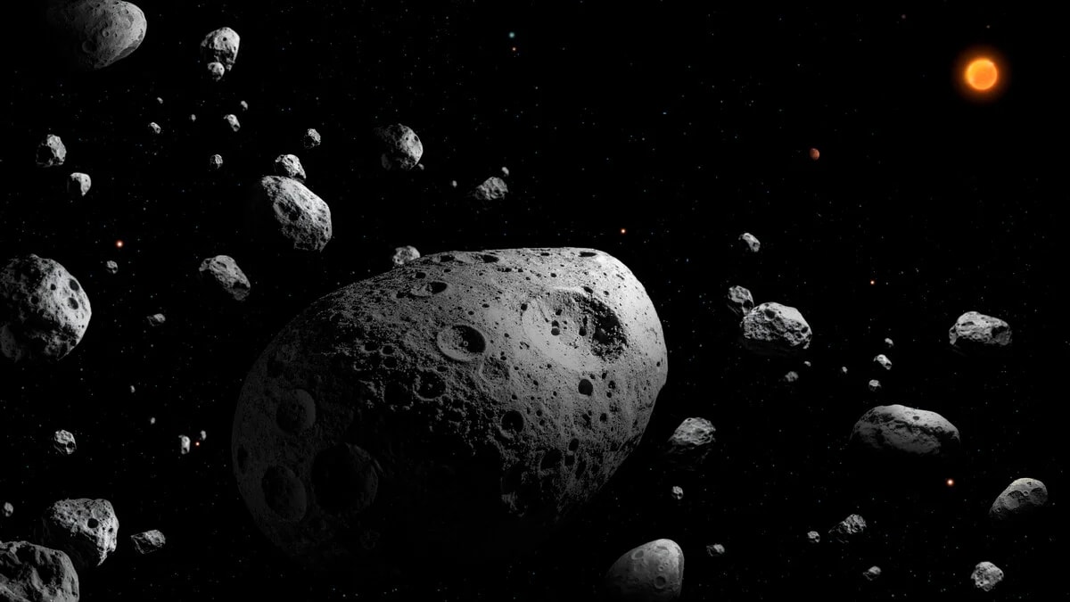 Ilustración artística del asteroide 2025 MN45 en el cinturón principal de asteroides