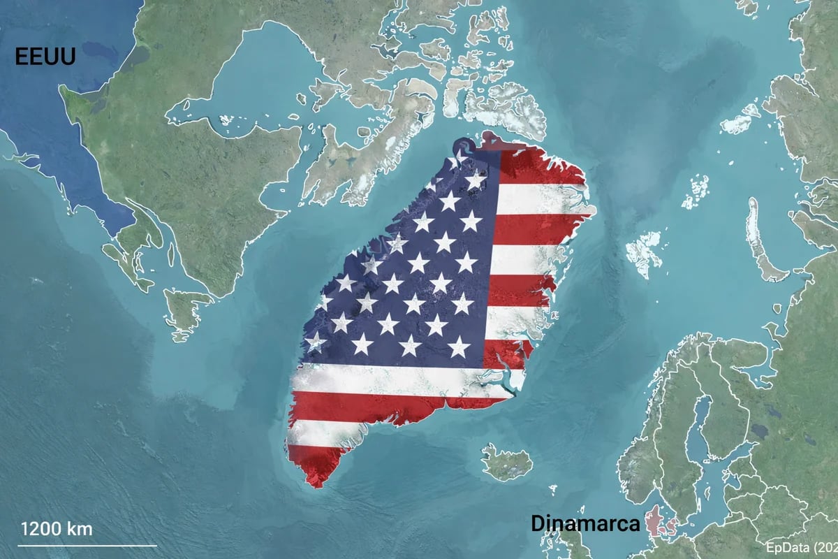 Mapa del Atlántico Norte con Groenlandia superpuesta por la bandera de Estados Unidos