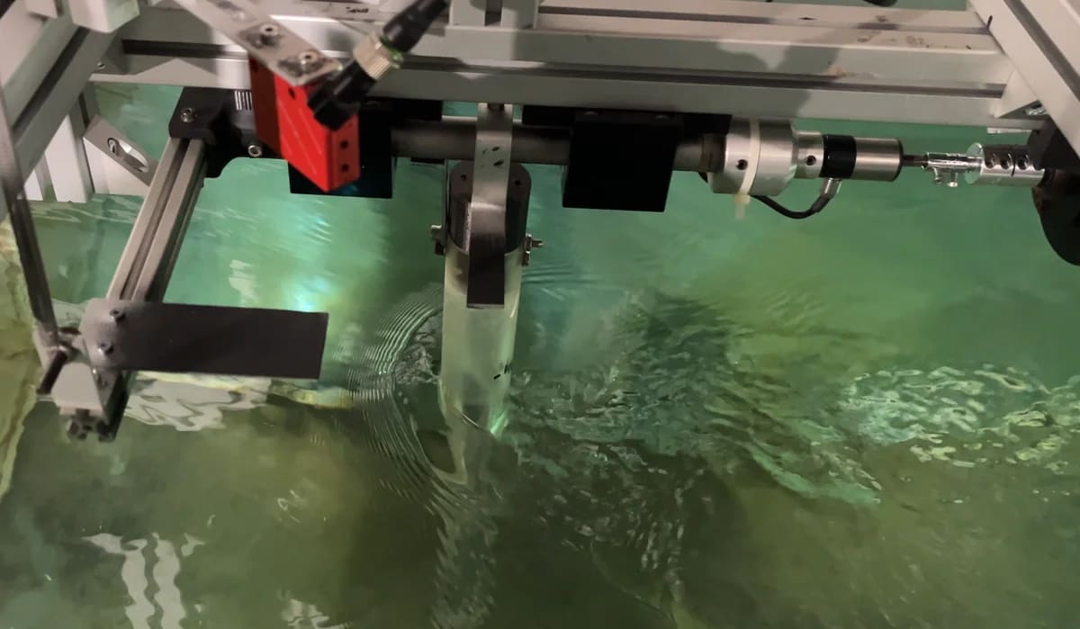 Sistema experimental de péndulo submarino oscilando en un canal de agua