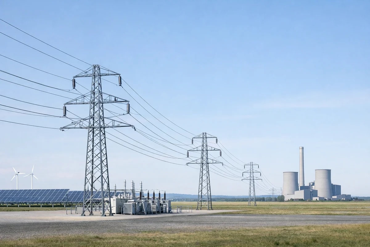 Red eléctrica conectada a renovables y a una central térmica