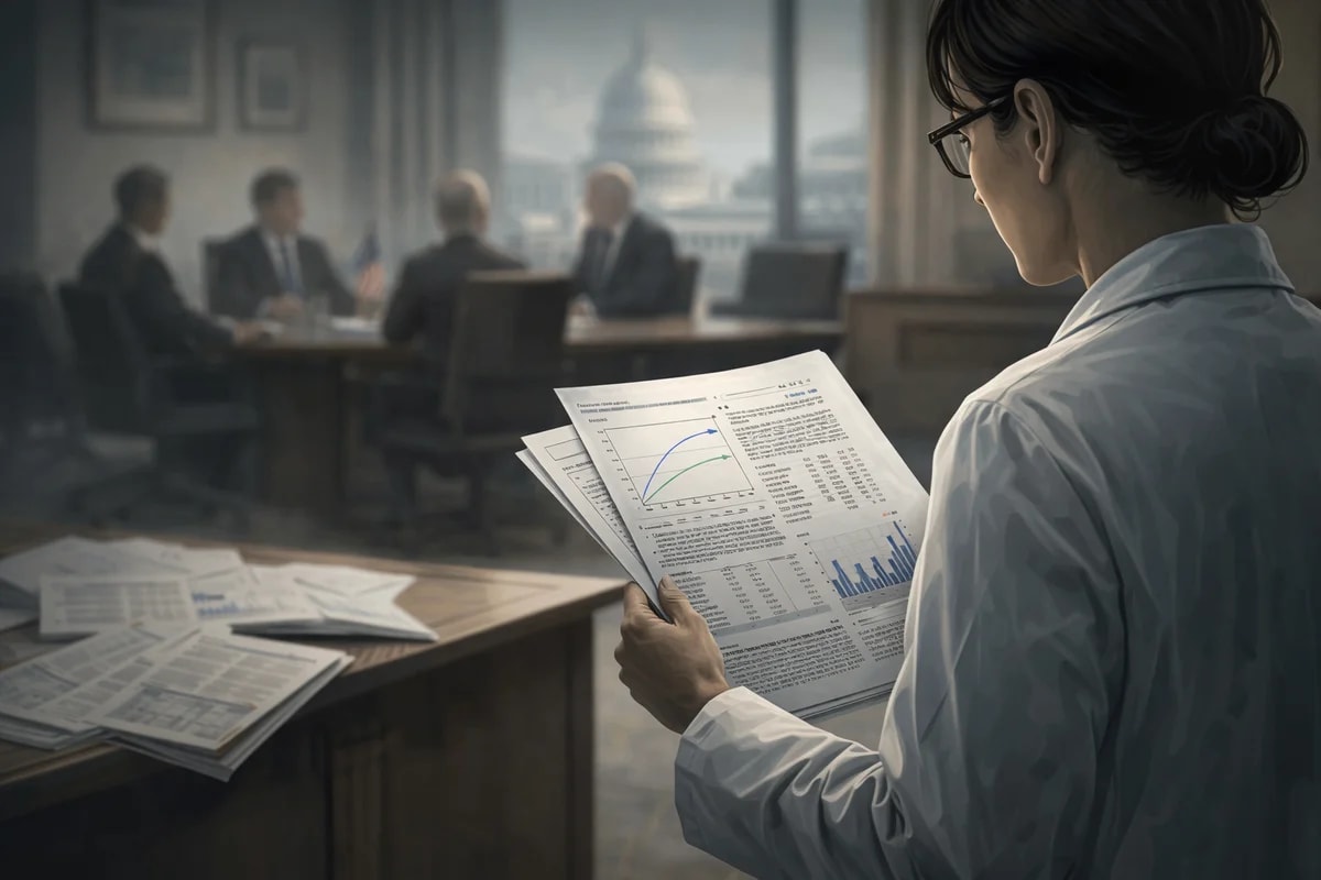 Científica con informes frente a una mesa de poder institucional