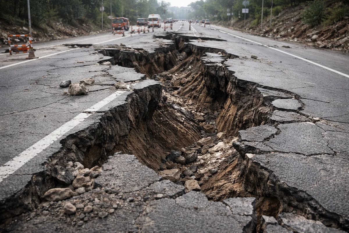 Carretera destruida por un terremoto