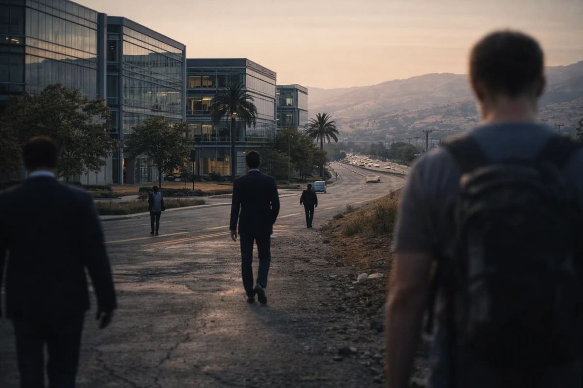 Figuras alejándose de campus tecnológico en Silicon Valley