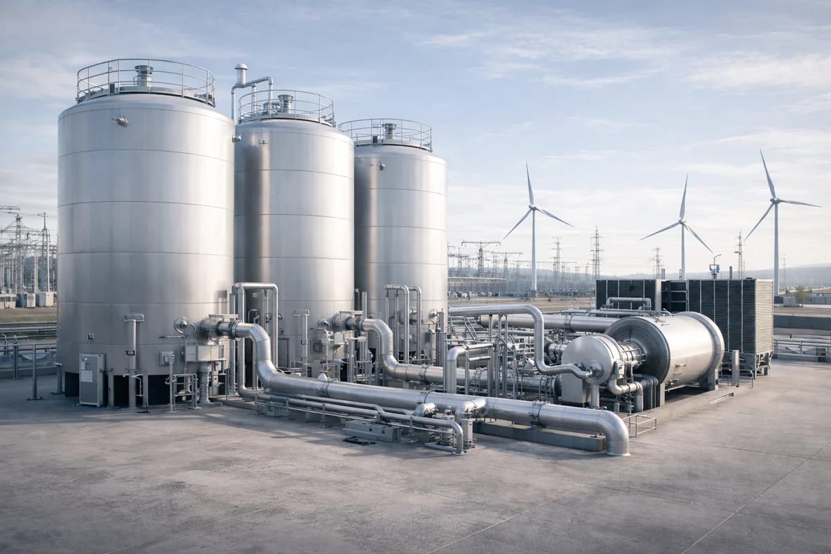 Planta industrial de almacenamiento energético con tanques criogénicos y conexión a la red