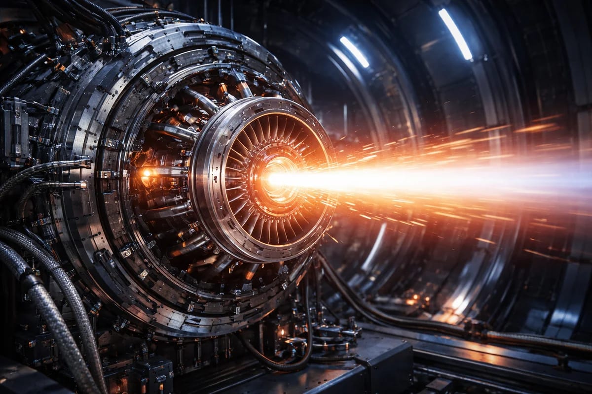 Motor experimental en banco de pruebas con chorro de energía controlado