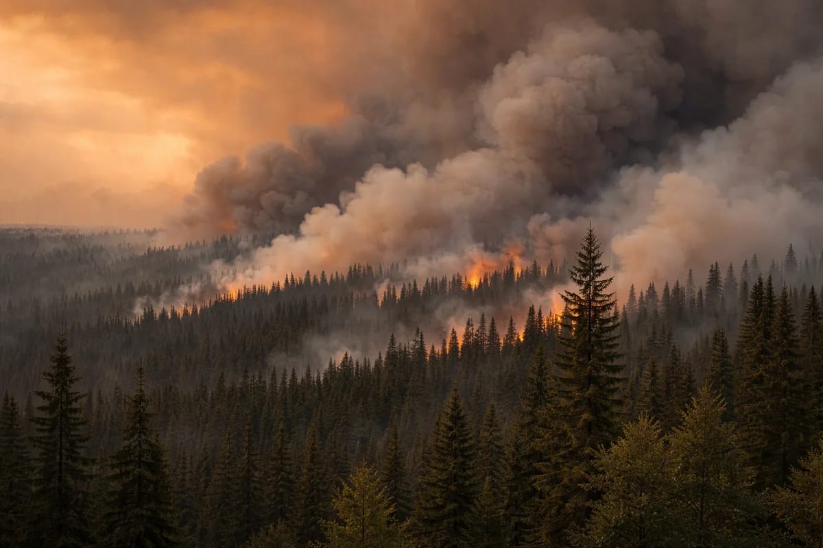 Incendio forestal de gran escala con humo denso sobre bosque de coníferas
