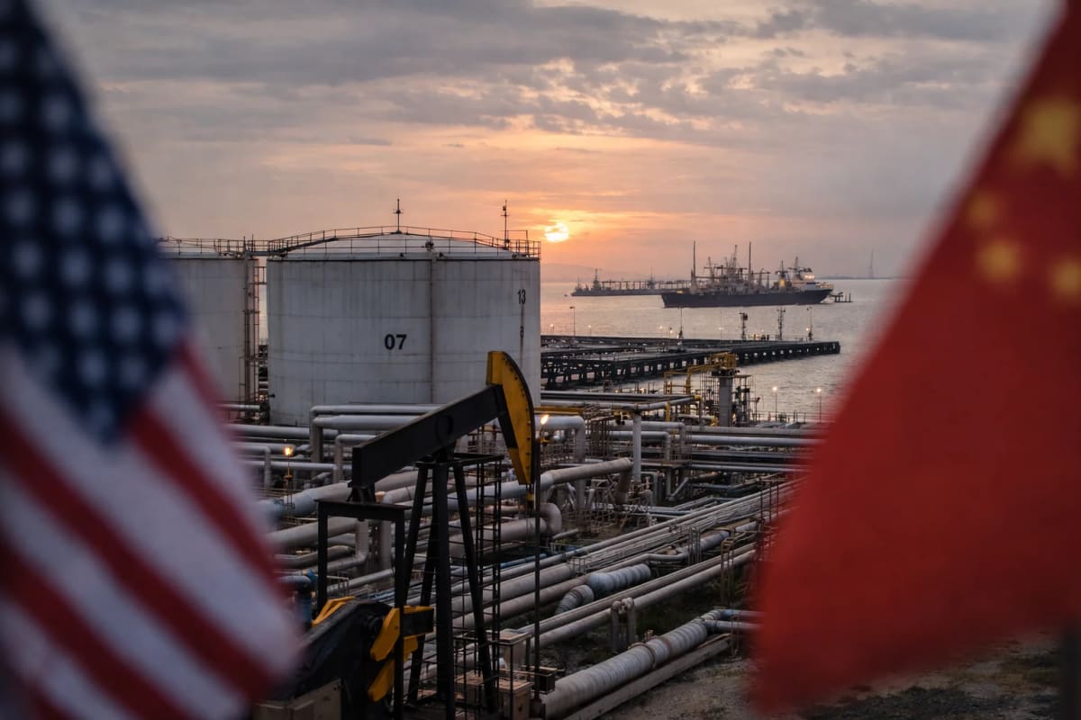 Planta petrolera venezolana con tanques y muelle al atardecer