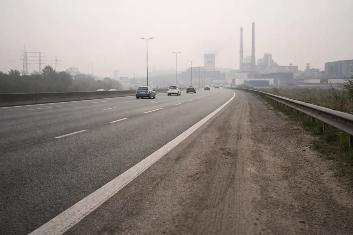 Carretera urbana con bruma y naves industriales al fondo