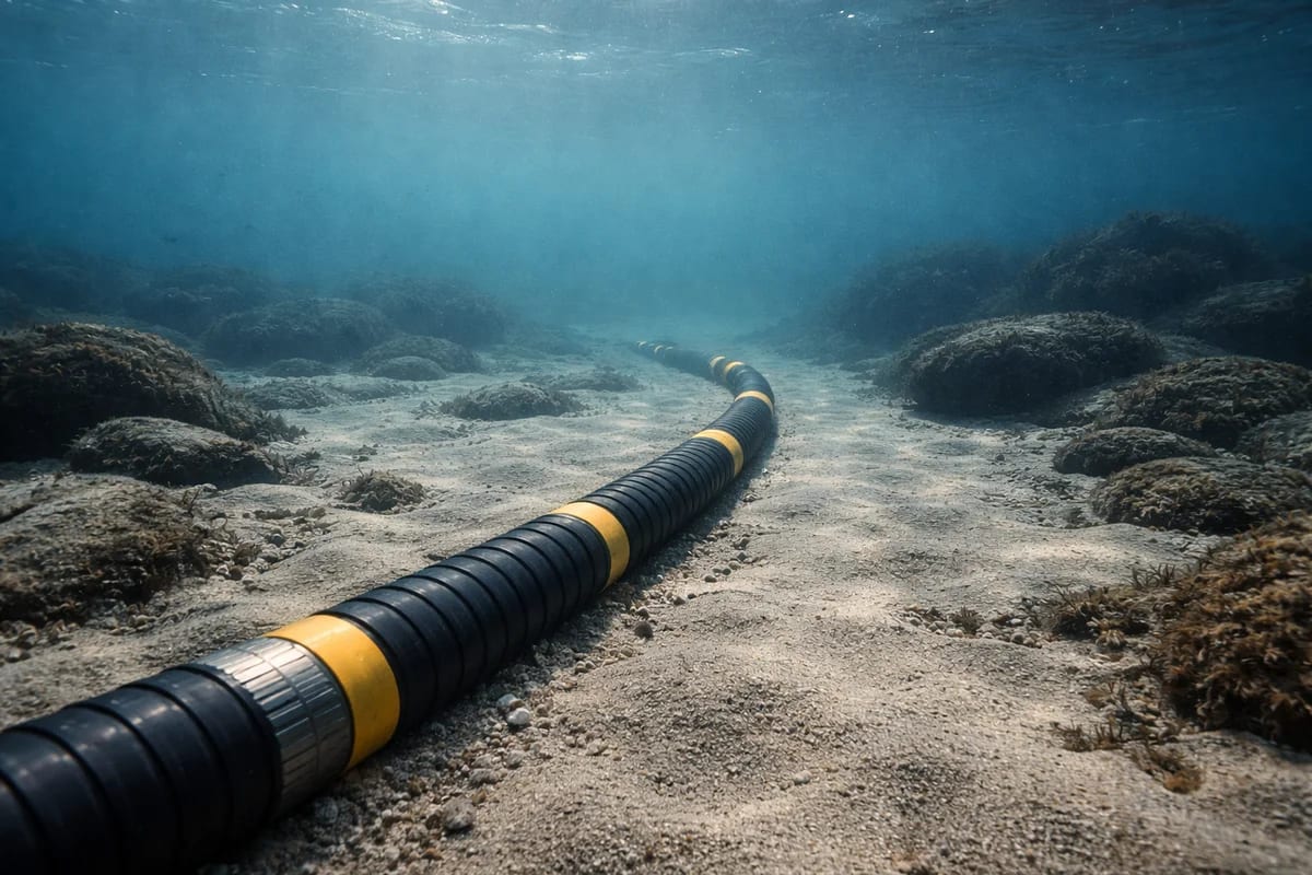 Cable submarino de fibra óptica sobre el lecho marino
