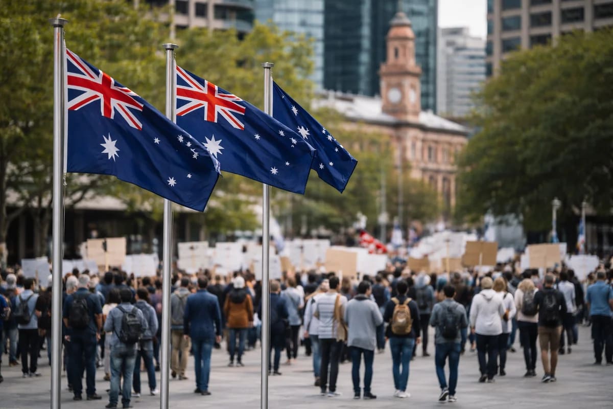 Plaza australiana con banderas y manifestantes