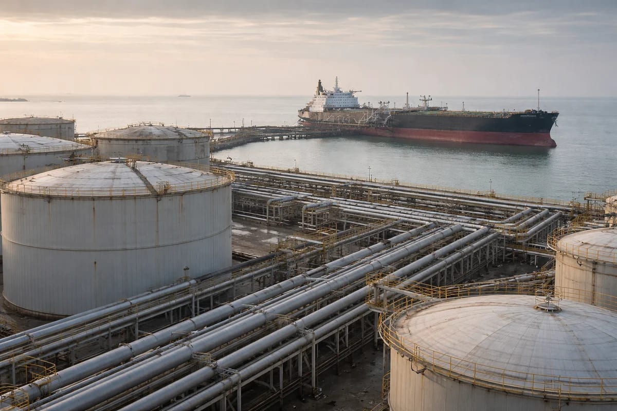 Terminal petrolera costera con tanques y superpetrolero atracado