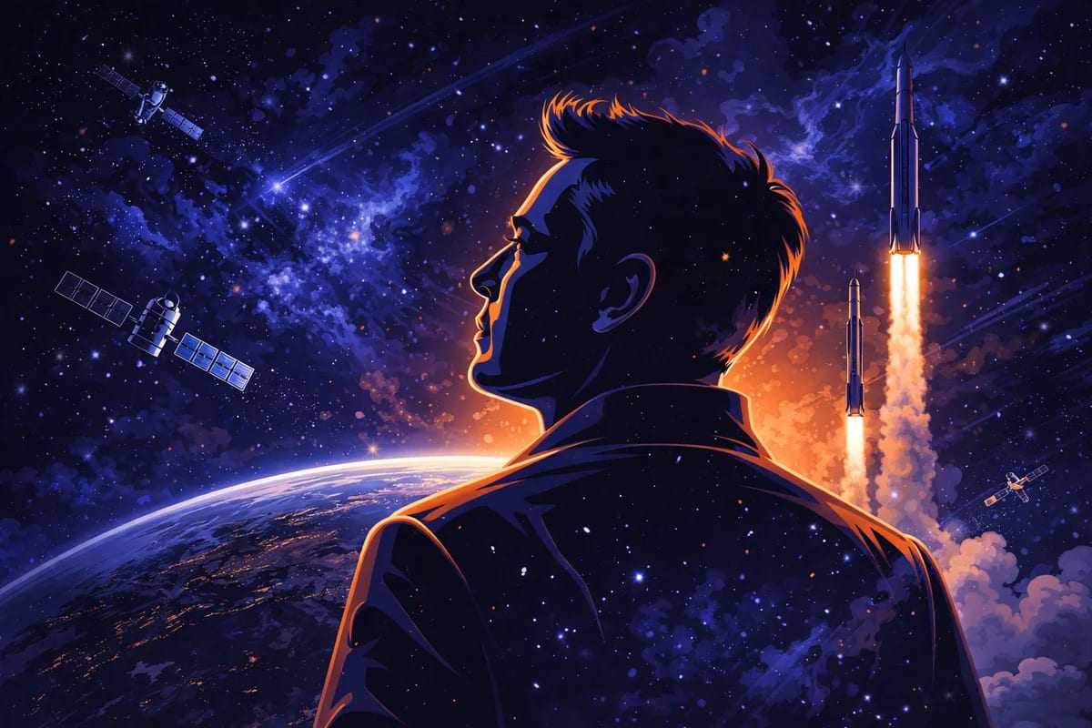 Silueta de Elon Musk estilizada mirando al espacio con satélites y cohetes en órbita