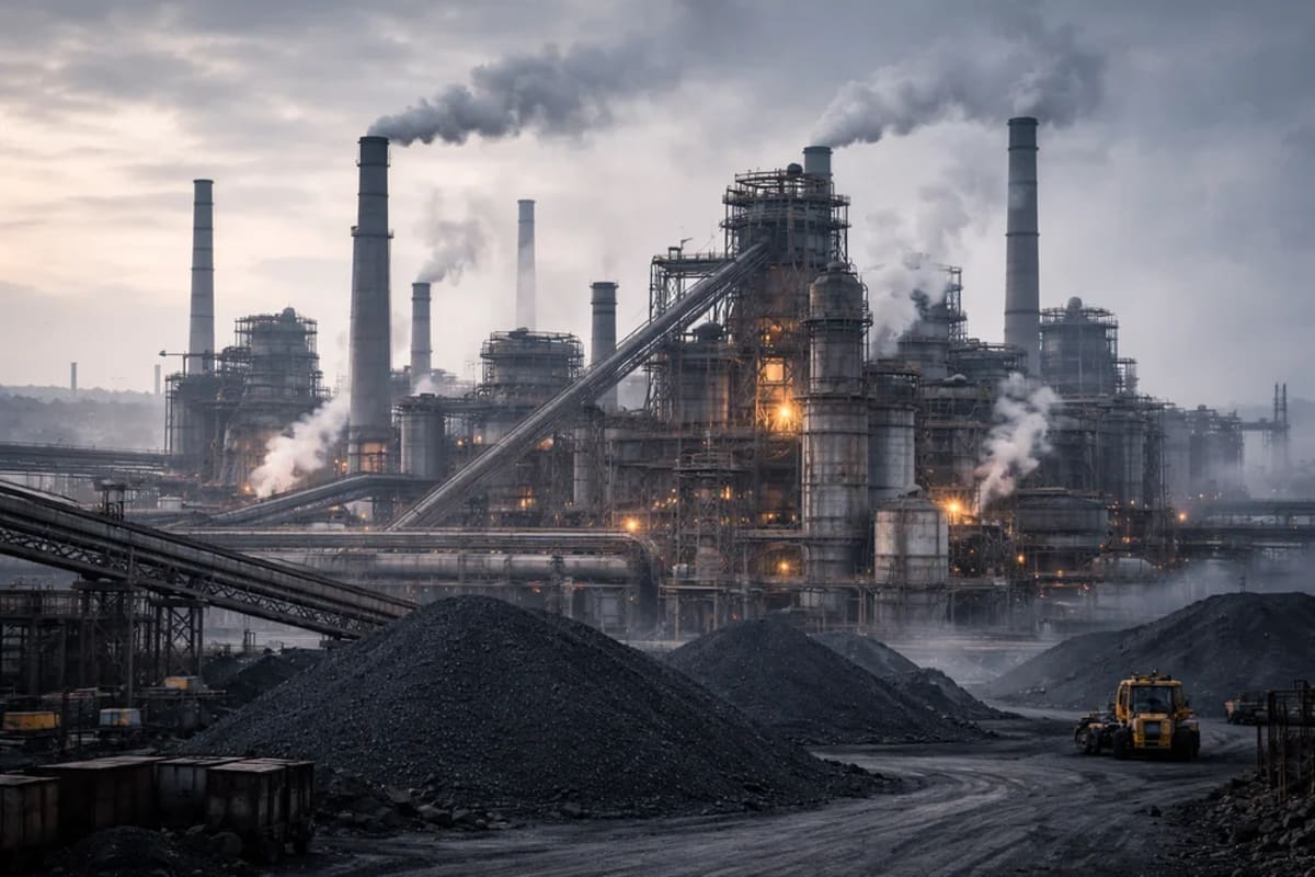 Complejo industrial con chimeneas y montículos de carbón al amanecer