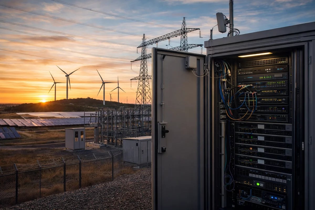 Infraestructura energética con servidores, subestación eléctrica, paneles solares y aerogeneradores al atardecer