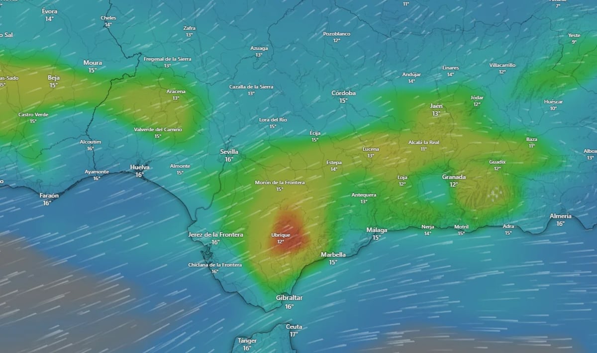 Mapa meteorológico de Andalucía con temperaturas y viento para el miércoles